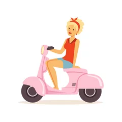 Foto op Plexiglas Beautiful young woman riding vintage scooter, girl dressed in retro style vector Illustration © topvectors