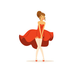 Beautiful young woman with fluttering red dress, girl dressed in retro style vector Illustration