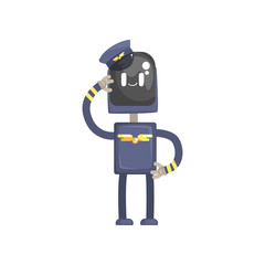 Robot pilot character, android in blue uniform and cap cartoon vector illustration