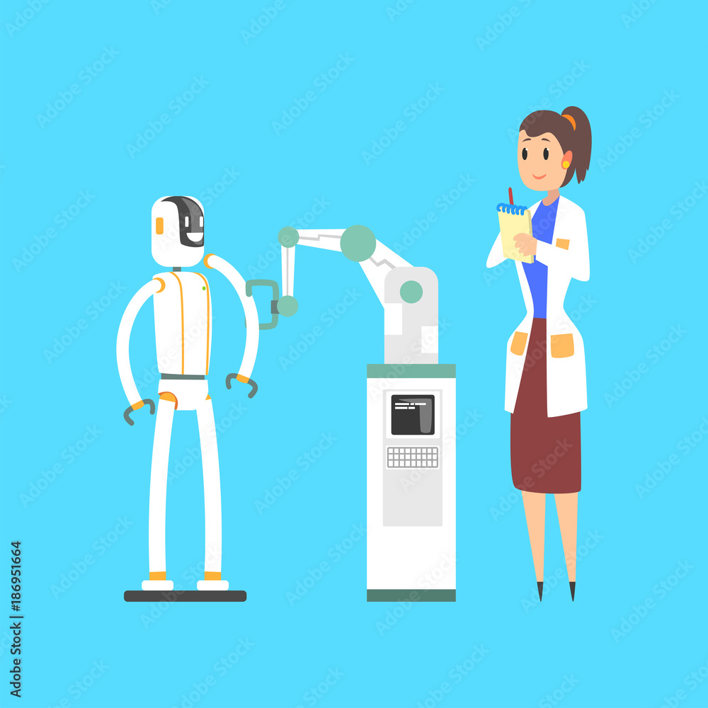 Sticker Female scientist cartoon character working with mechanical arm and robot in a lab vector illustration