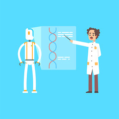 Male scientist and robot leading presentation, artificial intelligence technology concept cartoon vector illustration