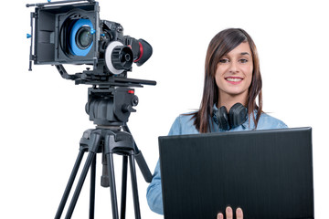 Fototapeta premium young woman video editor working with laptop