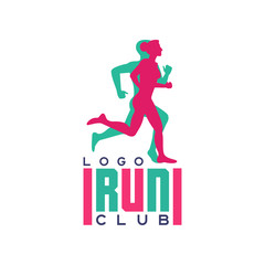 Run club logo, emblem with abstract running people silhouettes, label for sports club, sport tournament, competition, marathon and healthy lifestyle vector illustration