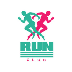 Run club logo, badge with abstract running men silhouettes, label for sports club, sport tournament, competition, marathon and healthy lifestyle vector illustration