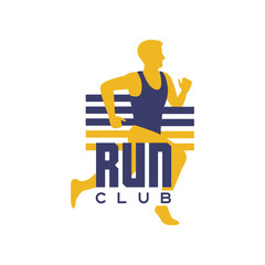 Run club logo template, emblem with running man, label for sports club, sport tournament, competition, marathon and healthy lifestyle vector illustration