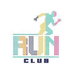 Run club logo, emblem with abstract running man silhouette, label for sports club, sport tournament, competition, marathon and healthy lifestyle vector illustration