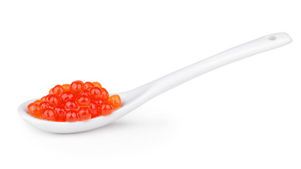 Porcelain spoon with red caviar isolated on white background.
