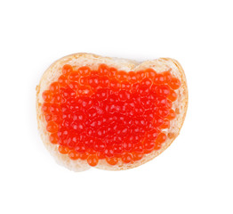 Sandwich with red caviar isolated on white background.