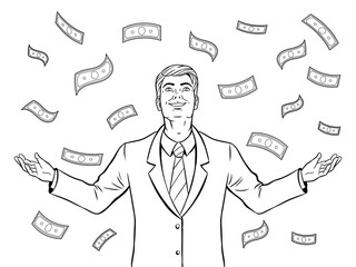 Businessman and money rain coloring book vector