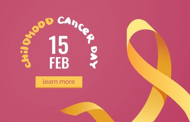 Childhood cancer awareness banner with yellow ribbon symbol on pink background . Vector flat illustration