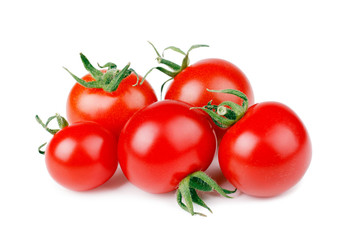 Cherry tomatoes with green stem on white background