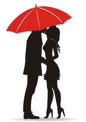 küssendes Paar unter rotem Regenschirm