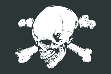 Hand drawn realistic human skull and bones. Monochrome vector illustration on black background.