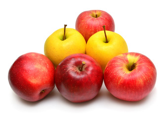 Apples beautiful red and yellow varieties Champion and Golden Delicious isolated on white background. Triangle, billiards, balls. Flat lay, top view