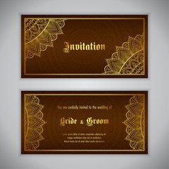 Luxury wedding invitation with golden ornament. Vector illustration