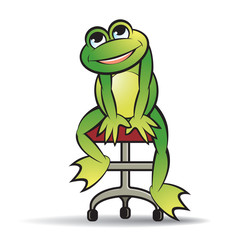 happy frog vector cartoon or mascot sitting on office chair 