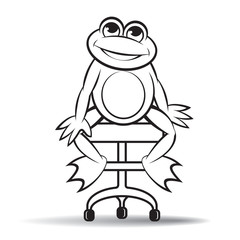 black outline happy frog vector cartoon or mascot sitting on office chair