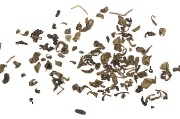 Fototapeta na wymiar Dry green tea leaves isolated on white background, top view