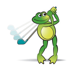 Obraz premium happy frog vector cartoon or mascot playing golf with stick
