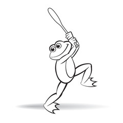 black outline frog vector cartoon playing base ball happily