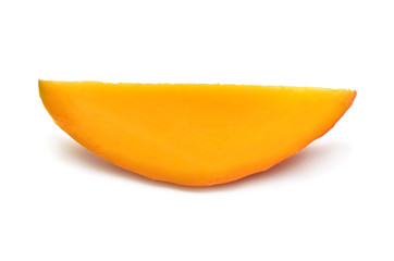 Slice mango isolated on a white background. Tropical fruit, apple. Flat lay, top view