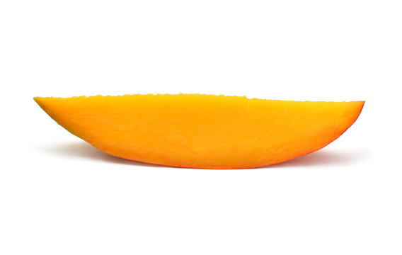Slice mango isolated on a white background. Tropical fruit, apple. Flat lay, top view