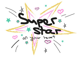 Doodle stars and hearts and text in pastel colors.