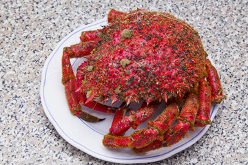plate with seafood on the table, crab
