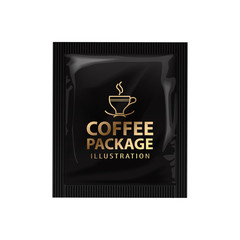 Realistic coffee or cocoa sachet. Vector mock up template. Product packaging on white background