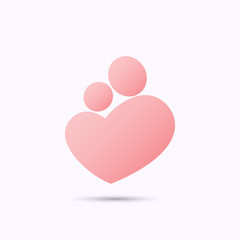 Simplified pink symbol of mother holding a baby in heart shape with heads, in stick figure style