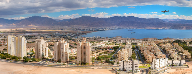 Aerial panoramic view on Eilat (Israel) and Aqaba. The images for panorama were taken from stone...