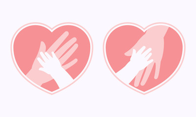 Big hand of mother holding small hand of baby inside heart shaped symbol and frame icon, logo, sign or symbol
