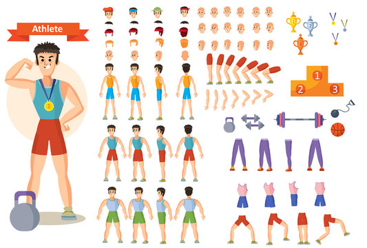 Young strong man athlete, weightlifter or bodybuilder in sportswear vector illustration. Character creation set. Different body types, emotions, hairstyles, hands, sports equipment. Build your design