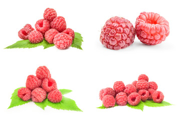 Collage of raspberry with leaf isolated on a white background cutout