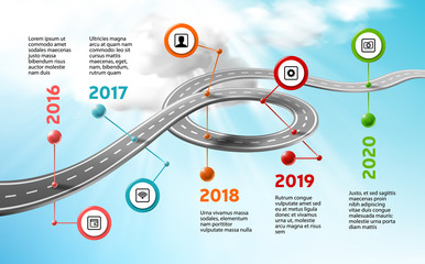 Vector company corporate milestone timeline, business presentation layout, infographic strategic plan workflow, clear, cloud sky background. Car curved road, years, marks, info icons, concept template