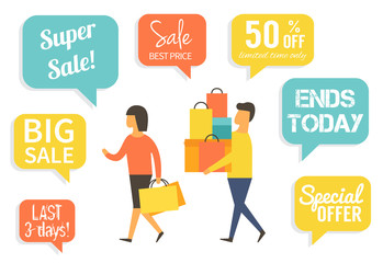 Family at sale. Man and woman doing shopping with discount. Vector illustration