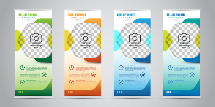 Business Roll Up Banner with 4 Various Color. Standee Design. Banner Template. Vector Illustration
