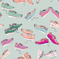 Various colorful sneakers seamless pattern. Vector illustration on grey background