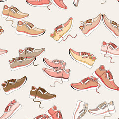 Colorful sneakers. Seamless pattern. Vector illustration on light pink background