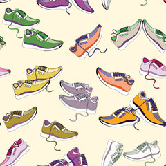 Colorful sneakers. Seamless pattern. Vector illustration on light yellow background