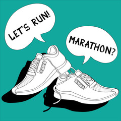 Pair of sneakers. Vector illustration on turquoise background.  Dialoque bubbles: Let's run! Marathon?