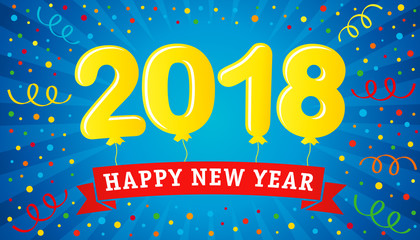2018 lettering balloons on colorful confetti and ribbon Happy New Year greeting card. Happy New Year 2018 design with yellow balloons on blue background. Vector illustration