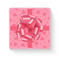 Gift box for Valentine’s Day isolated on white background. Top view. A present wrapped in rose color wrapping paper with a pattern of hearts. The box is decorated with a big bright pink bow. Vector