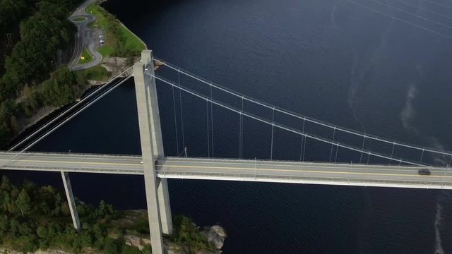 Drone shot of Fedafjorden bru in Kvinesdal, Norway, side slow up