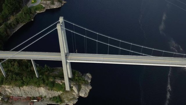Drone shot of Fedafjorden bru in Kvinesdal, Norway, side fast up