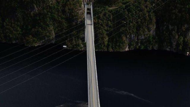 Drone shot of Fedafjorden bru in Kvinesdal, Norway, front up