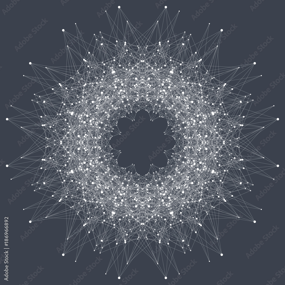 Aufkleber Fractal element with connected line and dots. Virtual background communication or particle compounds. Global network connection. Digital data visualization. Vector illustration.