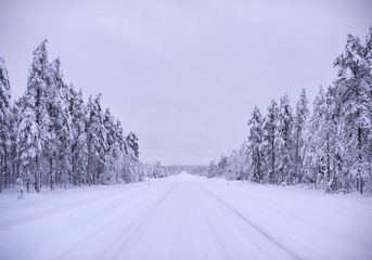 Obraz premium Empty snowy winter road in Northern Finland