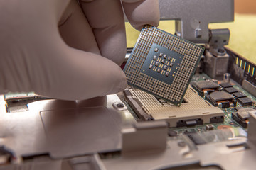 Serious processor security hole. CPU vulnerability. A hand holds a processor in front of a processor slot. Focus on the processor. Concept: cyber security