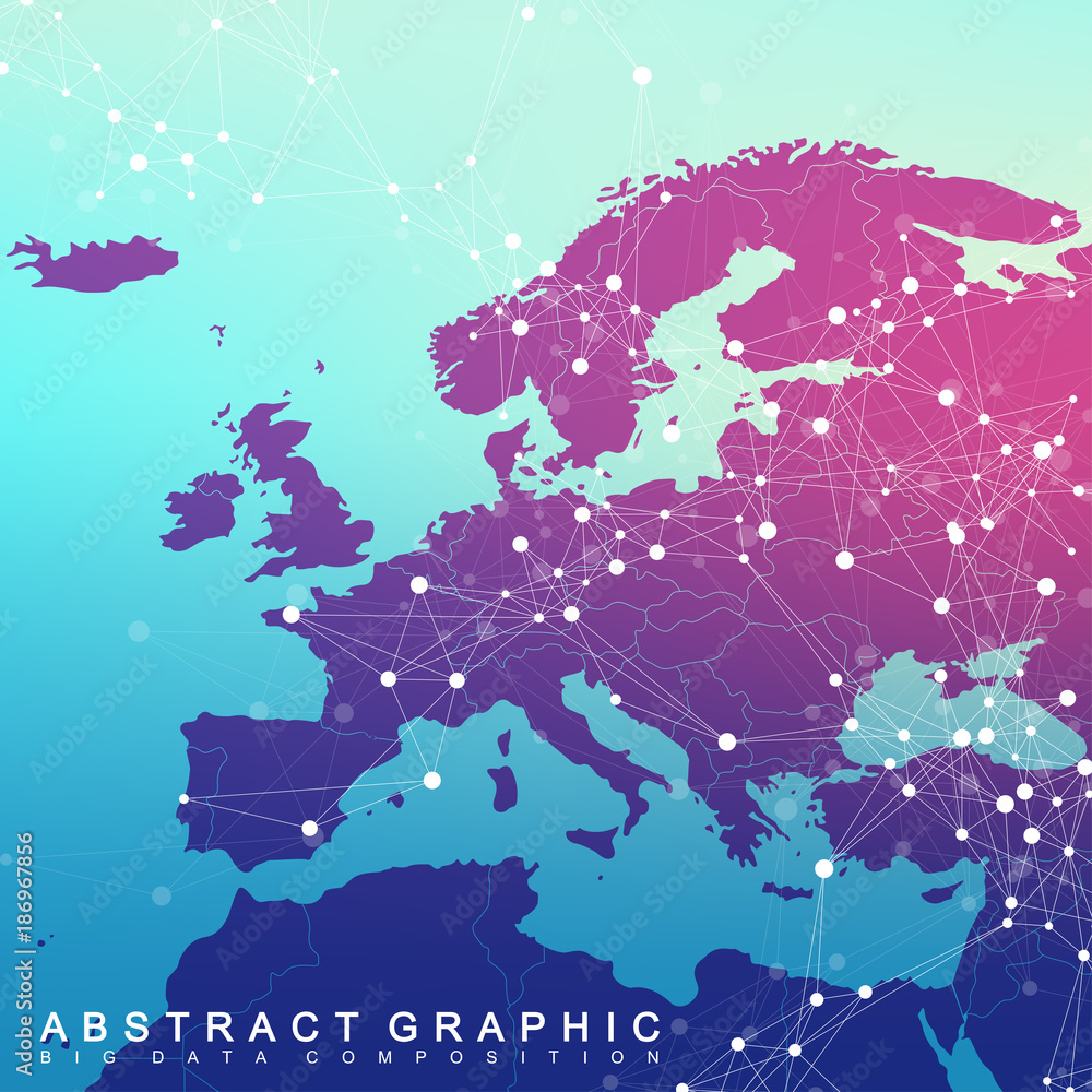 Poster Global network connection with Europe Map. Network and big data visualization background. Global business. Vector Illustration.